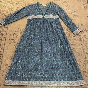 Karni Blue Floral V-Neck Women’s Swim Coverup Dress. Indian block print.